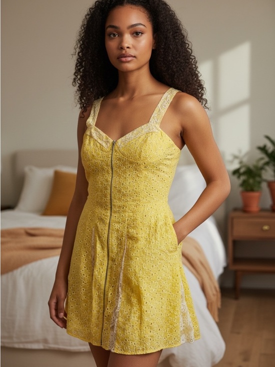 Betsey Johnson Dresses & Skirts - Betsey Johnson Yellow Eyelet Mini Dress Zip Front 8